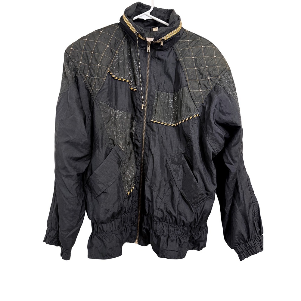 Vintage G4000 Womens Black‎ Windbreaker Jacket Paisley Quilted Studded Large 80s